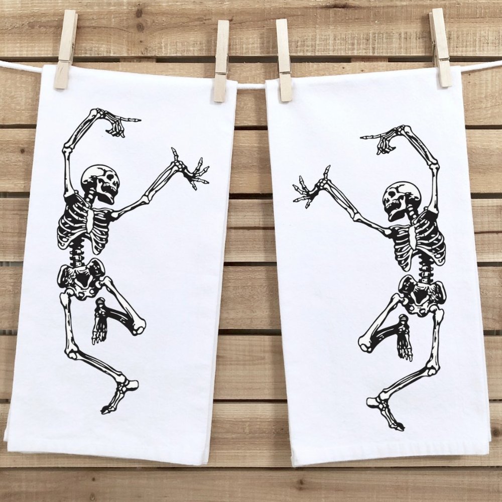 Tea Towels, Set of 2, Dancing Skeletons, Halloween